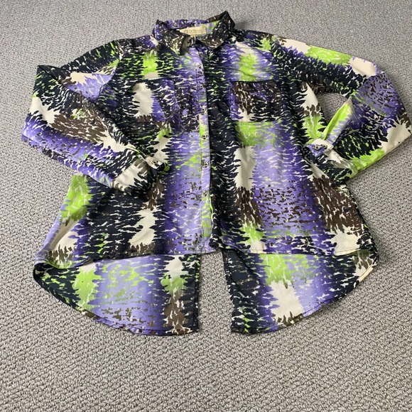 Democracy Womens Shirt‎ Blouse Size Large Blue Abstract Button Up Split Back - Picture 1 of 9